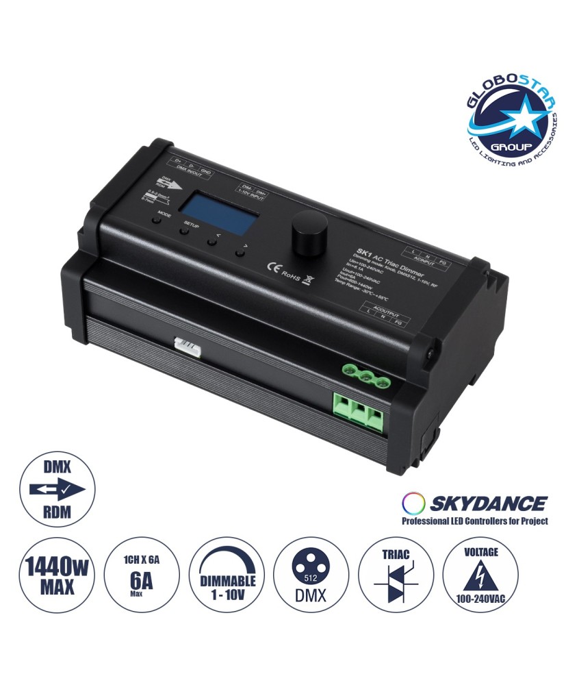 GLOBOSTAR® SKYDANCE-SK1 70674 AC Trailing Edge DMX Dimmer Ράγας με 1 x 6A 1440W Κανάλι AC 220-240V 6A 1440W Max IP20 - DMX512 & RDM - Μ16.8 x Π9.3 x Υ8cm - 5 Χρόνια Εγγύηση